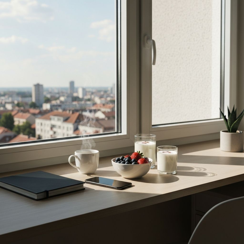 Doručak pored prozora sa svežim voćem, jogurtom i kažom